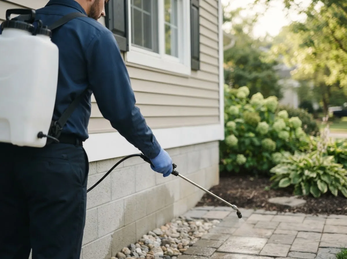 Pest control technician inspecting a home in Eaton Rapids, MI